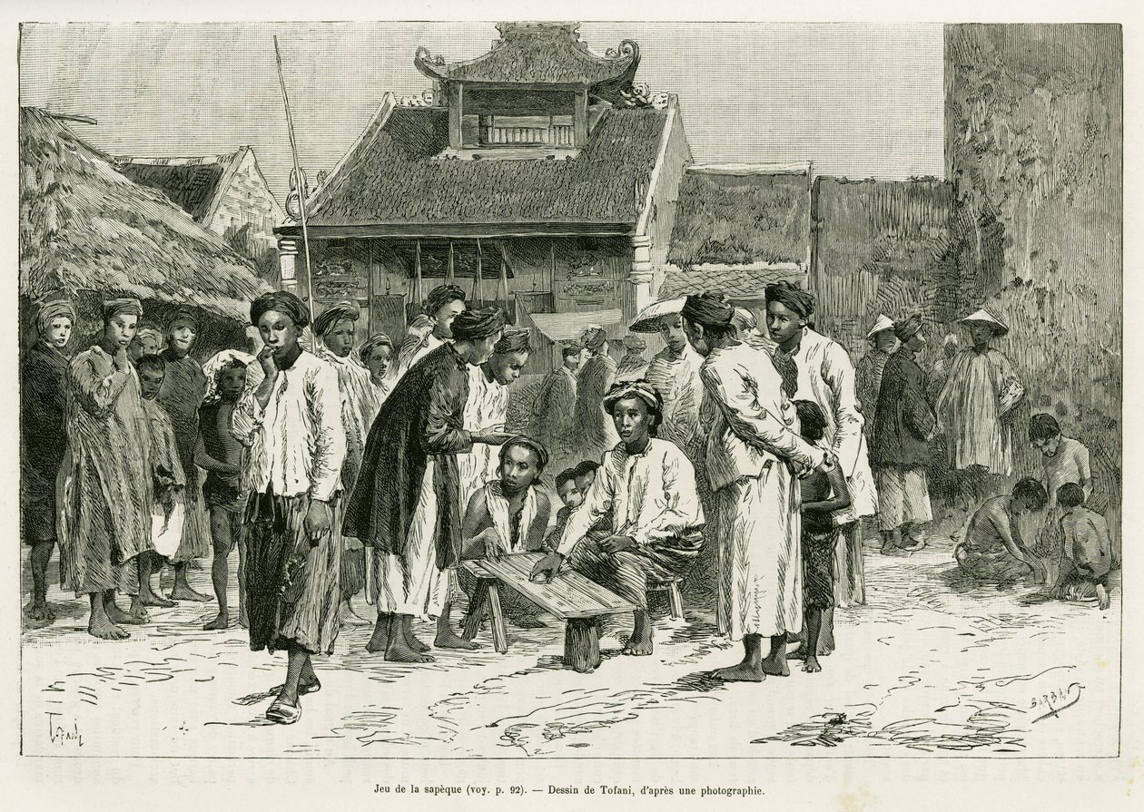 Hra sapeque. Rytina od Tofaniho, pro ilustraci příběhu Trente mois au Tonkin, v roce 1884, od Dr. Paula Hocquarda, v le tour du monde 1890, pod vedením Edouarda Chartona (1807-1890), Hachette, Paříž. od Oswaldo Tofani