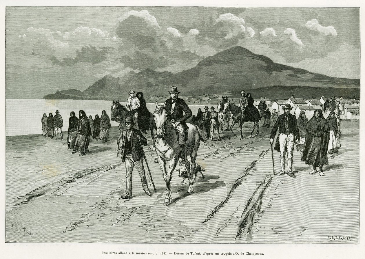 Ostrované jdou na mši. Rytina Tofani pro ilustraci příběhu Tři měsíce v Irsku, v roce 1889, Marie Anne de Bovet, in le tour du monde 1890, režie Edouard Charton (1807-1890), Hachette, Paříž. od Oswaldo Tofani