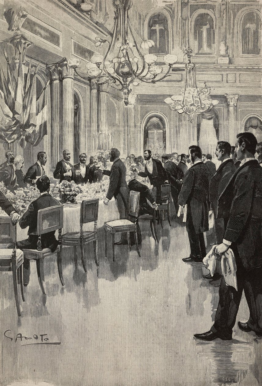 Italští diplomaté na společném přípitku, Paříž, Francie, rytina z kresby Gennaro Amato, ze skici Osvalda Tofaniho, z L