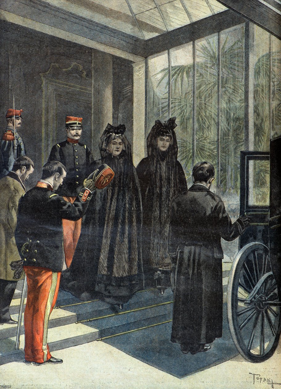 Paní Felix Faure při odchodu z Elysejského jezera po smrti prezidenta republiky v roce 1899 (Rytina) od Oswaldo Tofani