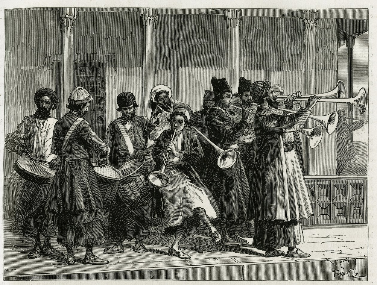 Hudebníci vítající východ slunce v Isfahánu (nebo Isfahánu, město Írán). Rytina od Tofaniho pro ilustraci příběhu „“ Persie, Chaldejsko a Susiane““ od Oswaldo Tofani