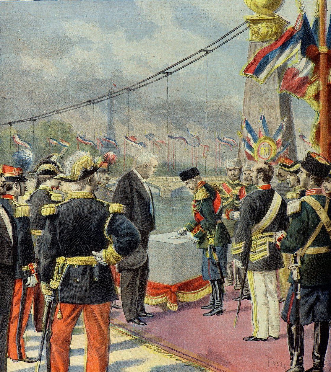 Mikuláš 2 pokládá první kámen mostu Alexandre 3 za přítomnosti Felixe Faureho, Paříž 1896 (Rytina) od Oswaldo Tofani
