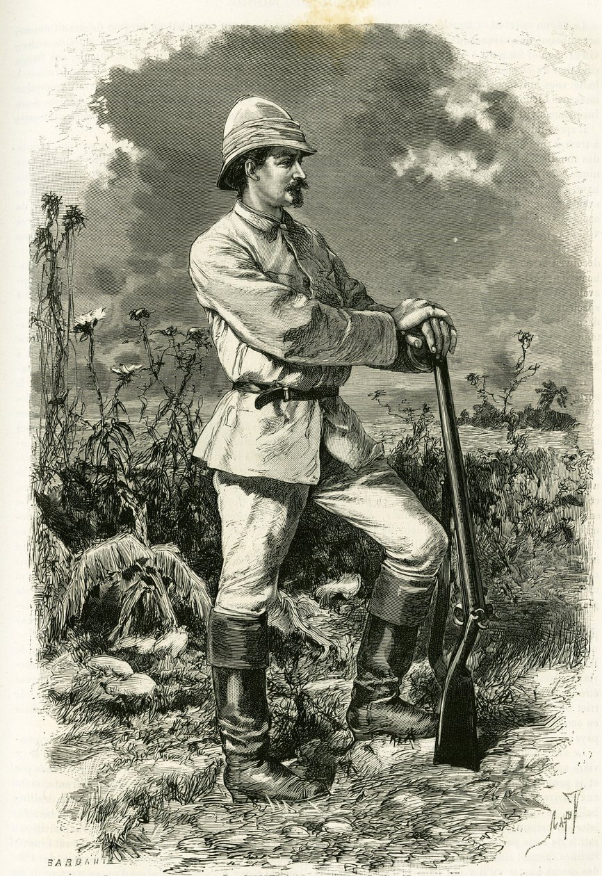 Portrét Dr. Emila Holuba v průzkumném obleku, rytina Tofaniho, pro ilustraci příběhu „Au pays des Marutses“ v letech 1875-1879 od Dr. Emila Holuba (1847-1902). Publikováno v Tour du monde, 2. semestr 1883, editoval Edouard Charton (1807-1890 od Oswaldo Tofani