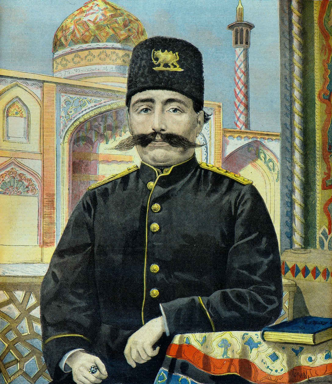 Portrét perského šáha šáha Mozaffera Ed Dine (rytina) od Oswaldo Tofani