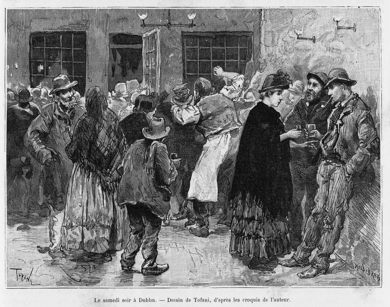 Sobotní večer v Dublinu. Rytina od Tofaniho k ilustraci příběhu Tři měsíce v Irsku, v roce 1889, Marie Anne de Bovet, in le tour du monde 1890, režie Edouard Charton (1807-1890), Hachette, Paříž. od Oswaldo Tofani