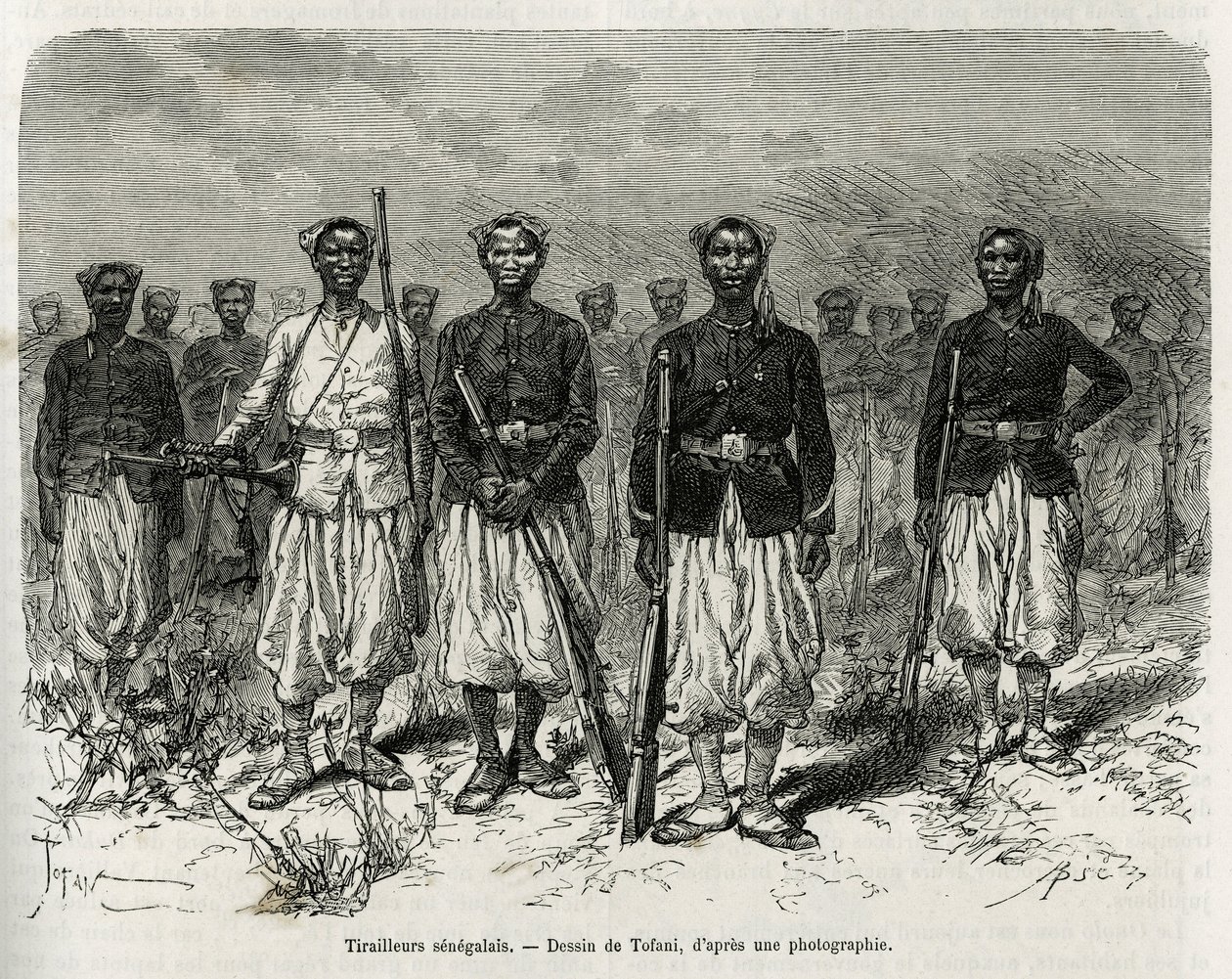 Senegalští jezdci z doprovodu expedice. Rytina od Tofaniho k ilustraci příběhu Průzkum v Haut Niger, velitele Gallieni, námořní pěchoty, v letech 1880-1881, publikovaná v Tour du monde, pod vedením Edouarda Chartona (1807 od Oswaldo Tofani