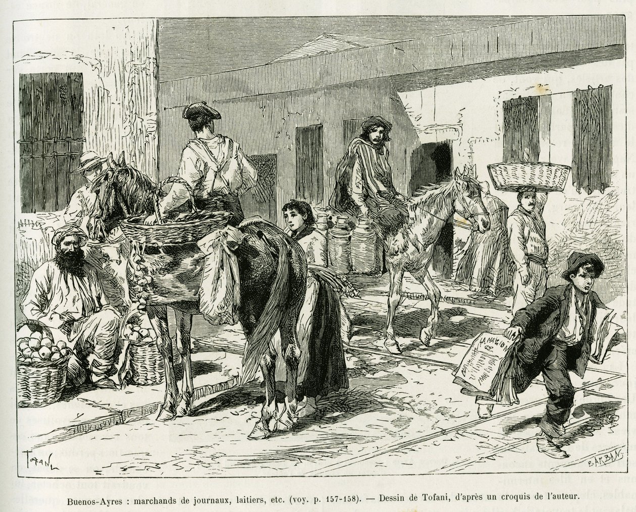 Malé podniky, prodejci novin, mlékárenství, prodejci ovoce atd... v ulicích Buenos Aires (Argentina). Rytina od Tofaniho k ilustraci příběhu Voyage a la Plata, tři měsíce prázdnin od Emila Blaireauxe v roce 1886, v tour du monde 1887, unde od Oswaldo Tofani