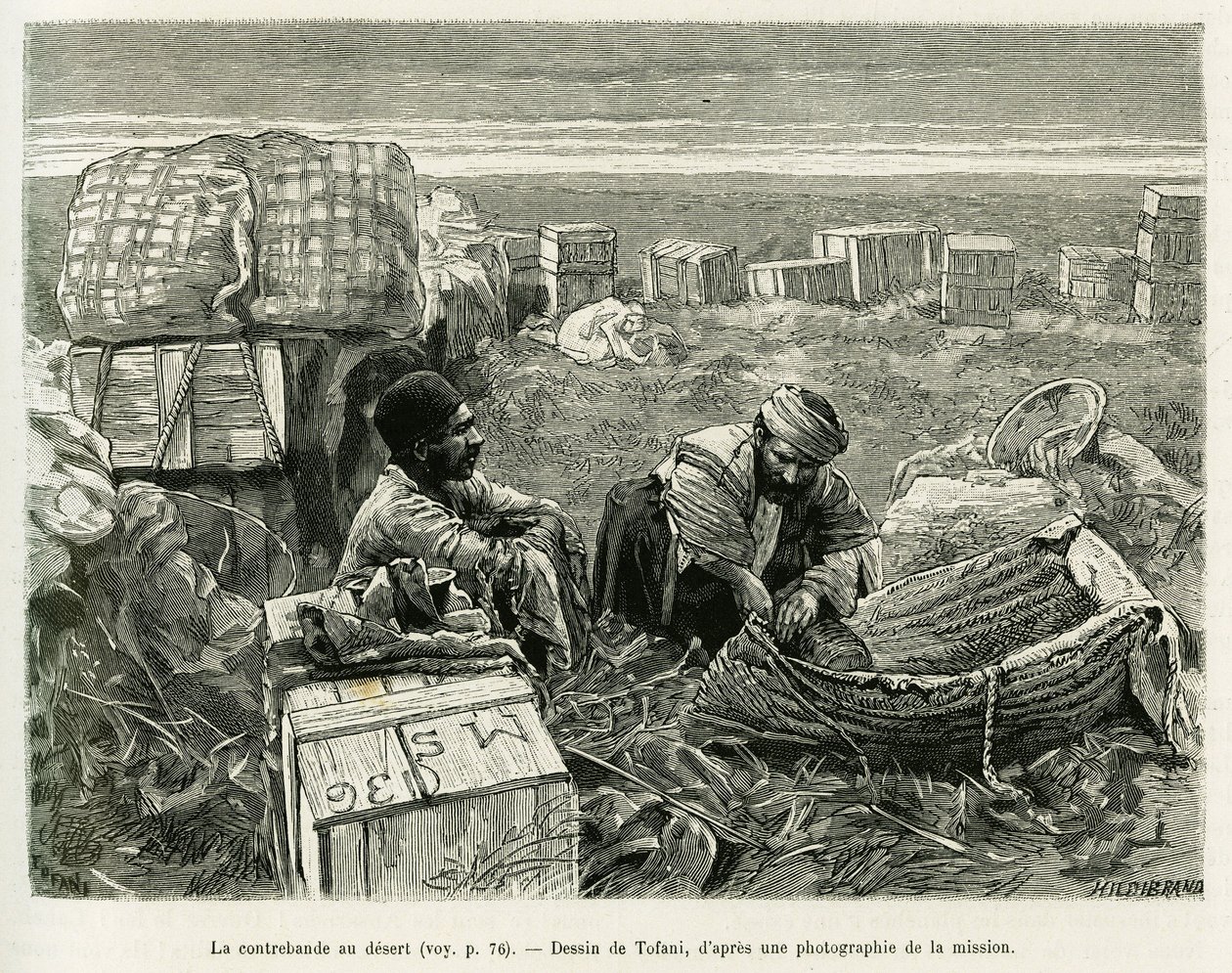 Pašování archeologických vykopávek v perské poušti. Rytina Tofani pro ilustraci příběhu A Suse od Oswaldo Tofani