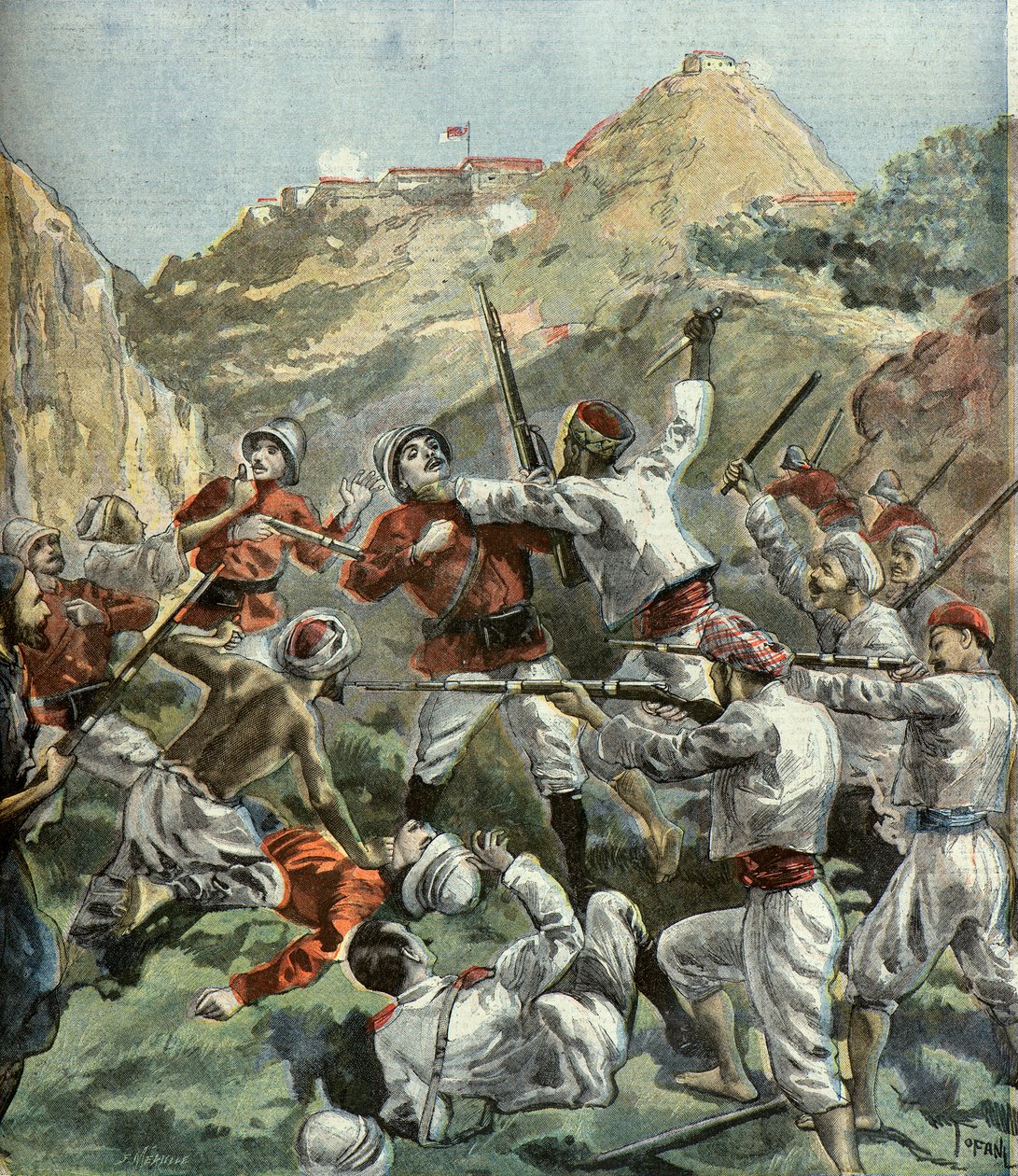 Útok Britů na pevnost Mala - Khan během povstání v Indii v roce 1897 (Rytina) od Oswaldo Tofani