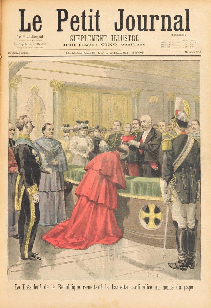 Apoštolský nuncius přebírající červený klobouk od prezidenta Francouzské republiky, z Le Petit Journal, 19. července 1896 od Oswaldo Tofani