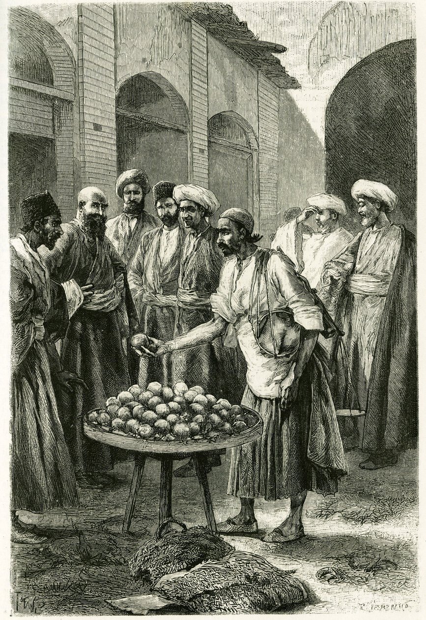 Rybářský obchodník v Kachanu (nebo Kashan, v provincii Teherán, dnešní Írán). Rytina Tofaniho z fotografie k ilustraci příběhu „Persie, Chaldee a Susiane““ v letech 1881-1882 od Jane Dieulafoy (rozená Magre) od Oswaldo Tofani
