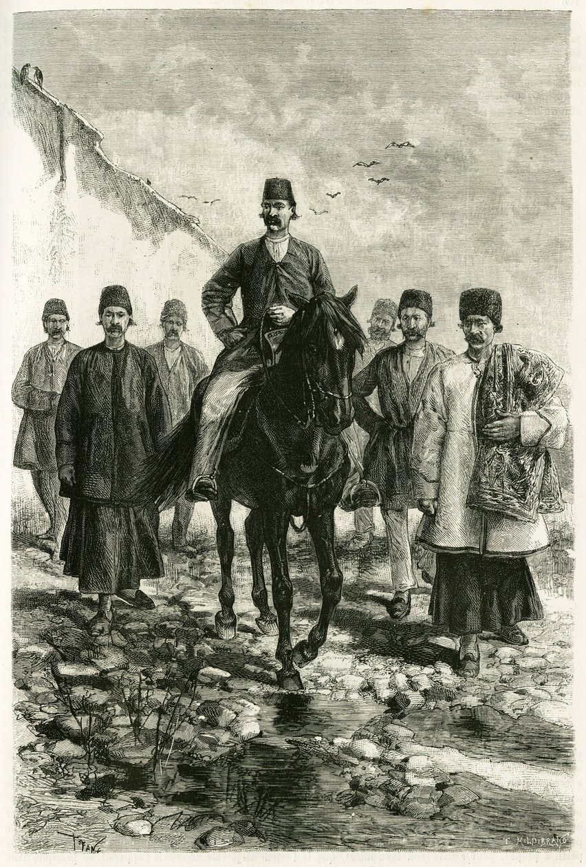 Guvernér Kachanu (nebo Kashanu v provincii Teherán, dnešní Írán) jede na černém koni a jeho suita jde pěšky. Rytina od Tofaniho z fotografie k ilustraci příběhu „Persie, Chaldee a Susiane““ v letech 1881-1882 od Jane Dieulafoy (rozená Ma od Oswaldo Tofani