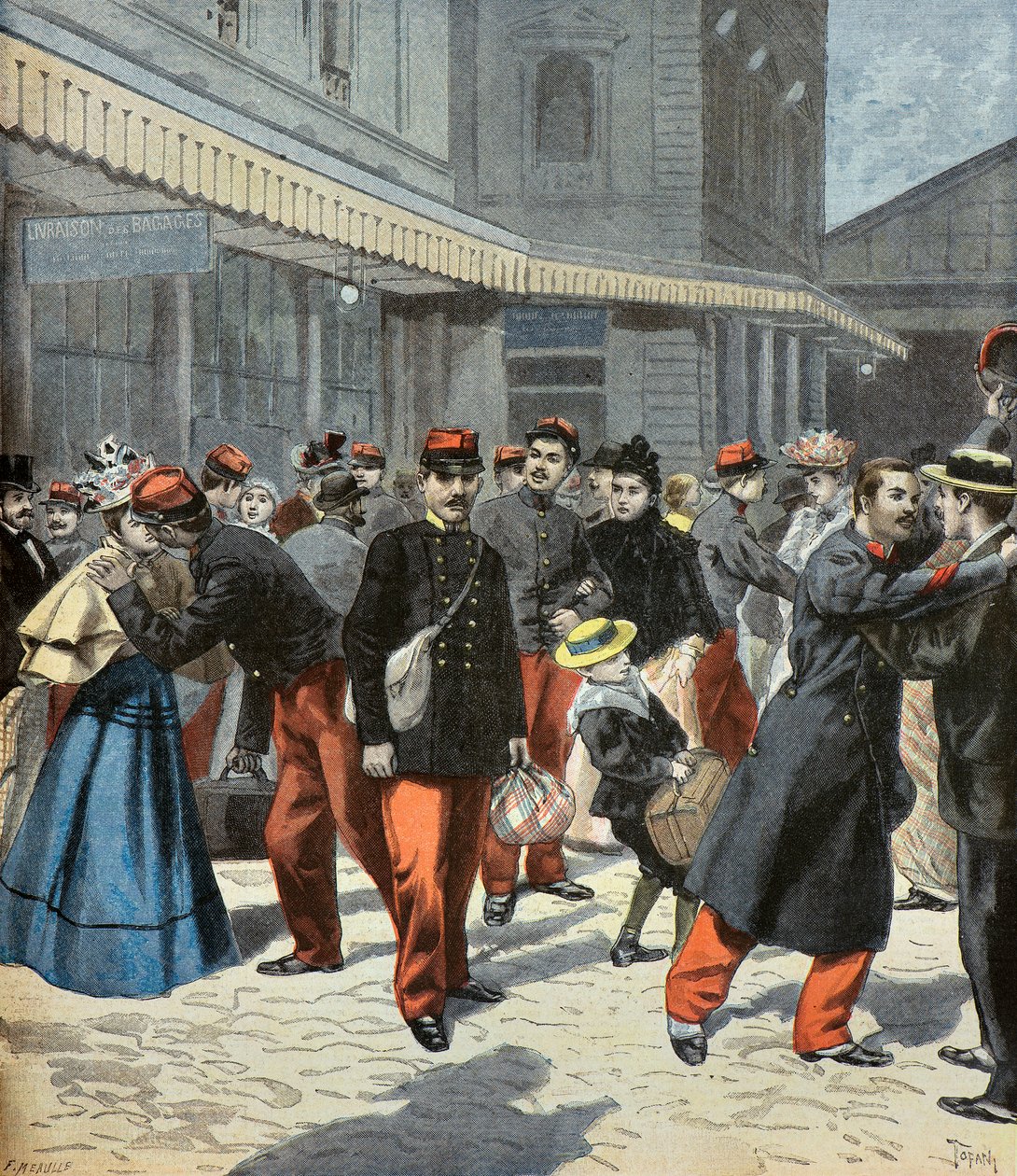 Návrat třídy. Vojáci se po skončení vojenské služby setkávají se svými rodinami 1897 (rytina) od Oswaldo Tofani