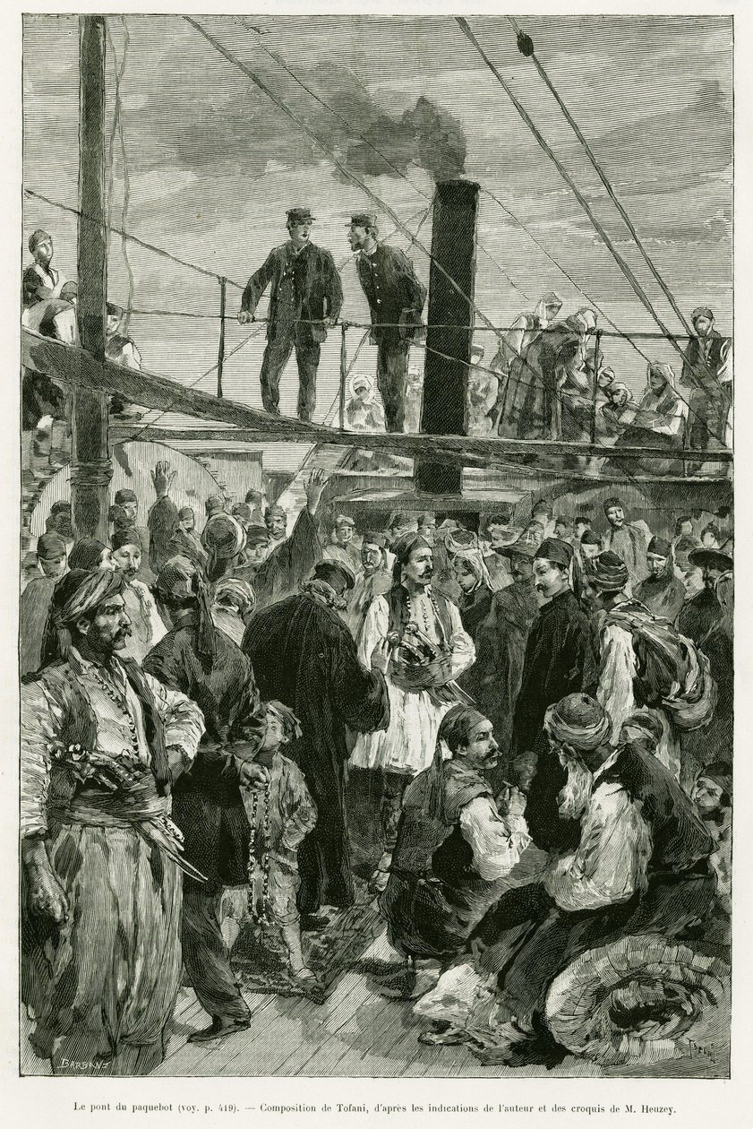 Lodní paluba. Rytina od Tofaniho k ilustraci příběhu Voyage en Thessalie v roce 1882, Paul Monceaux, in le tour du monde 1887, režie Edouard Charton (1807-1890), Hachette, Paříž. od Oswaldo Tofani