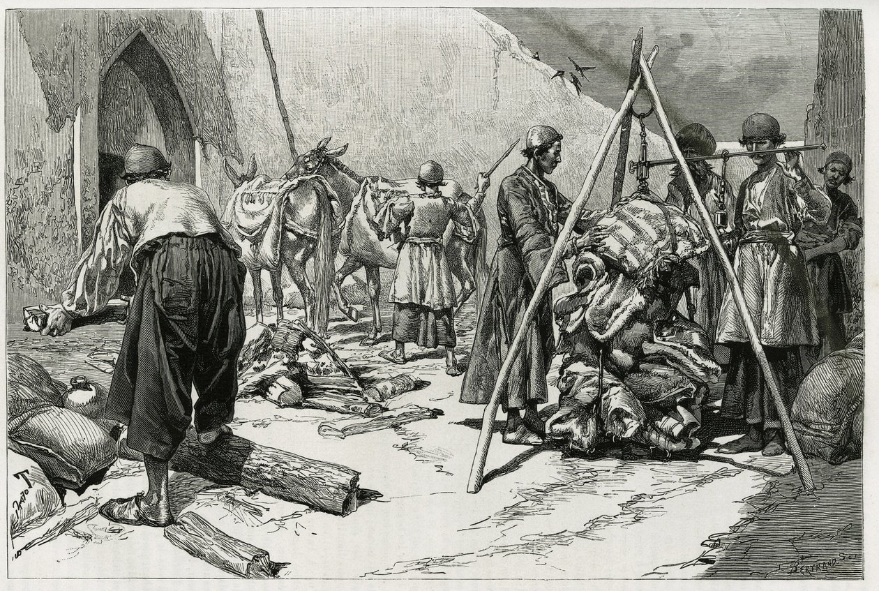 Vážení zavazadel před odletem Svatební expedice Delafoy. Rytina od Tofaniho pro ilustraci příběhu „“ Persie, Chaldejsko a Susiane““ od Oswaldo Tofani