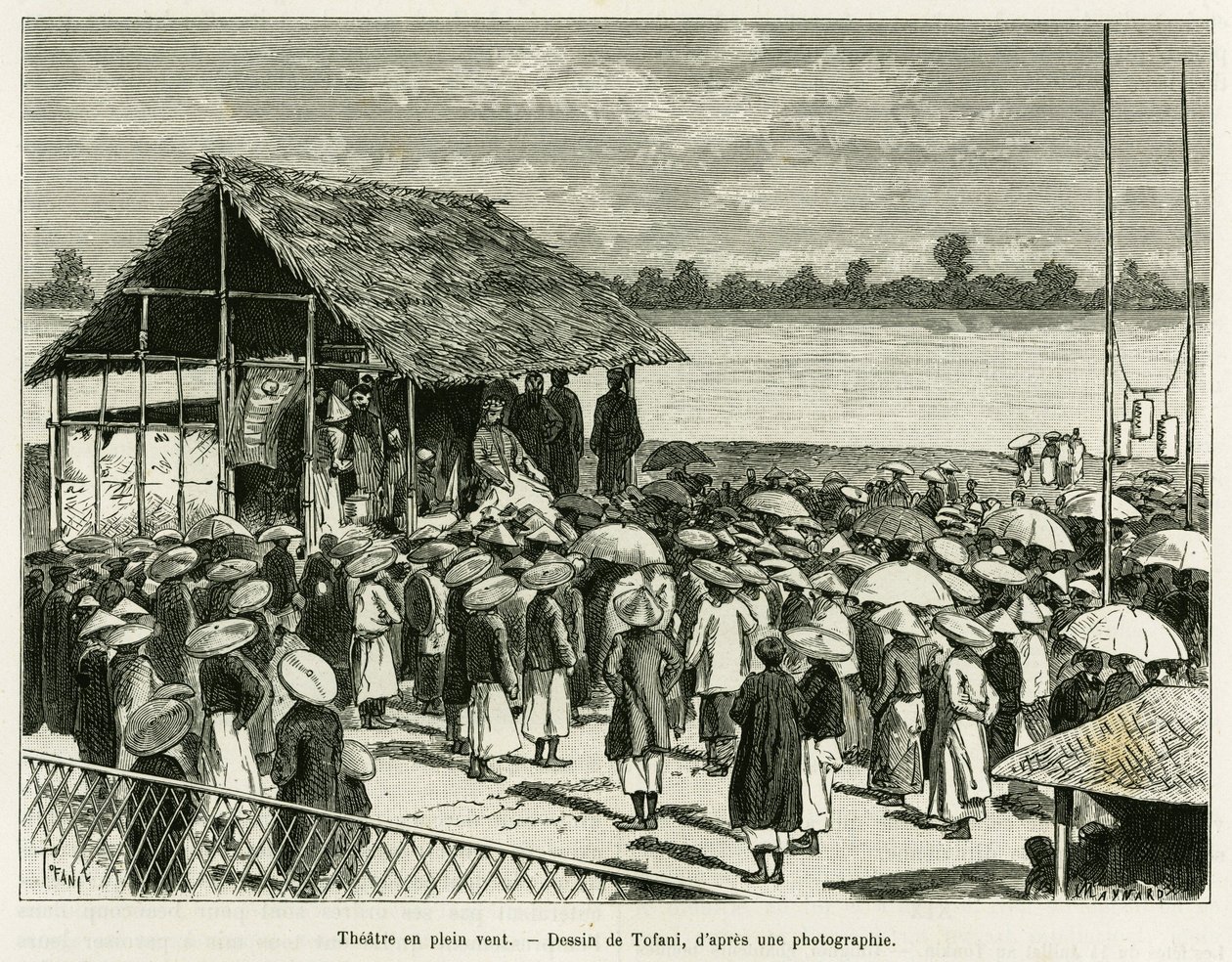 Divadlo ve větru. Rytina od Tofaniho po fotografii pro ilustraci příběhu Trente mois au Tonkin, v roce 1884, od Dr. Paula Hocquarda, v le tour du monde 1890, pod vedením Edouarda Chartona (1807-1890), Hachette, Paříž. od Oswaldo Tofani