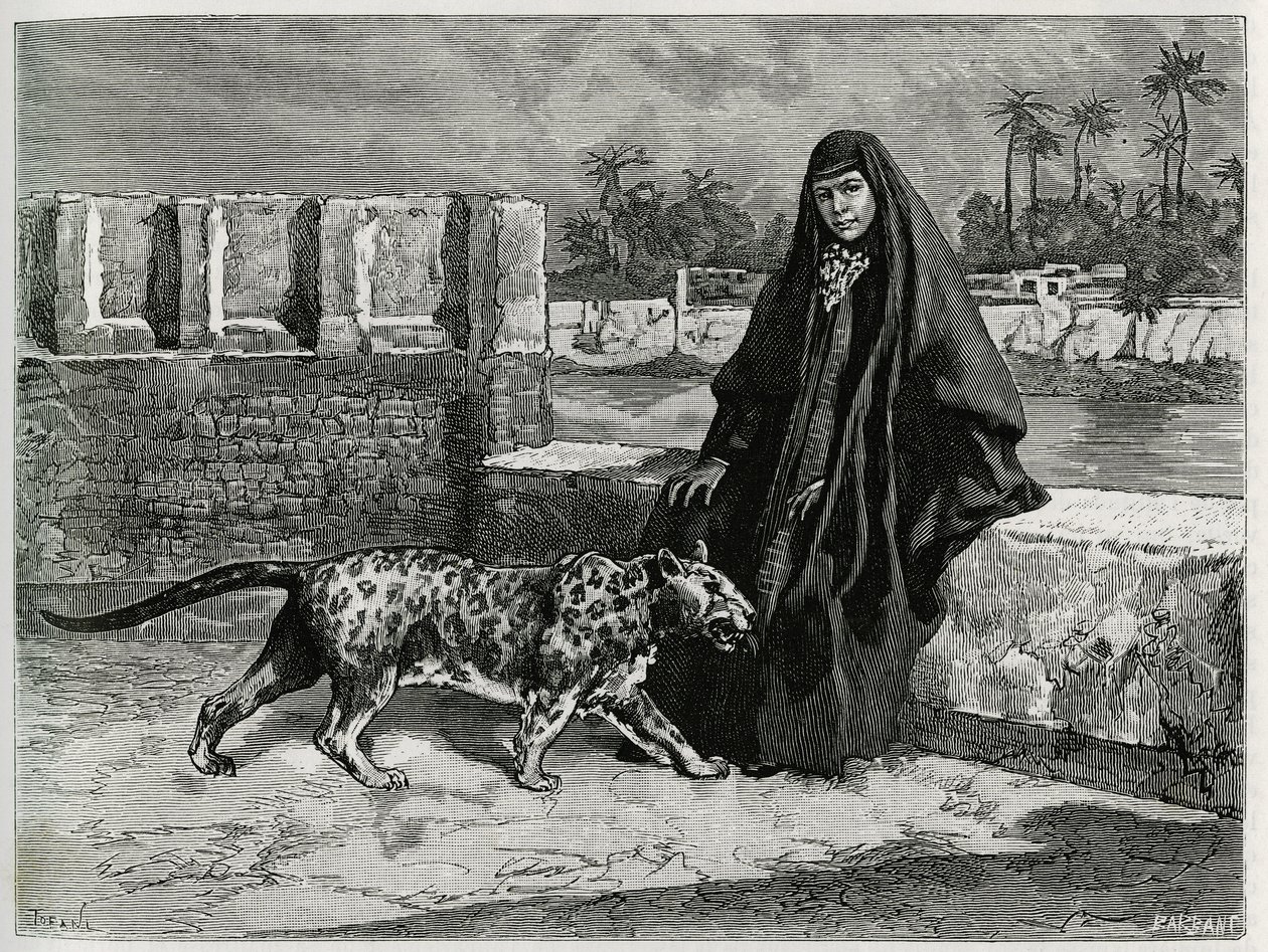 Torkan Khanoum, oblíbenec šejka Mojžíše, mocný kmenový vůdce Arabistánu se svým panterem. Rytina Tofani pro ilustraci příběhu „Persie, Chaldee a Susiane“ od Oswaldo Tofani