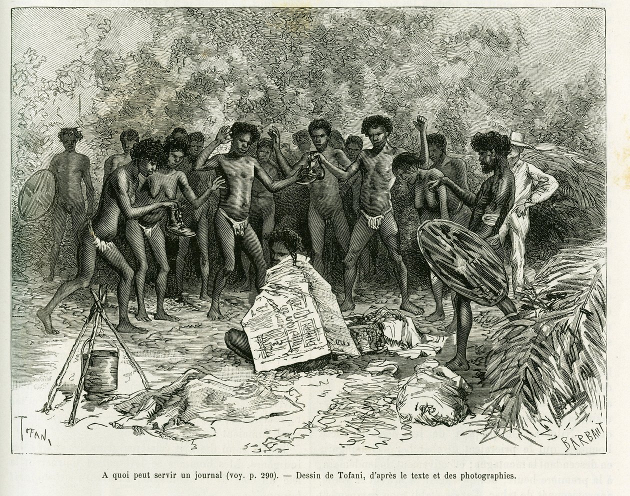 K čemu se dají noviny použít? Rytina od Tofaniho k ilustraci příběhu Chez les cannibales, Cesta do severovýchodní Austrálie od Oswaldo Tofani