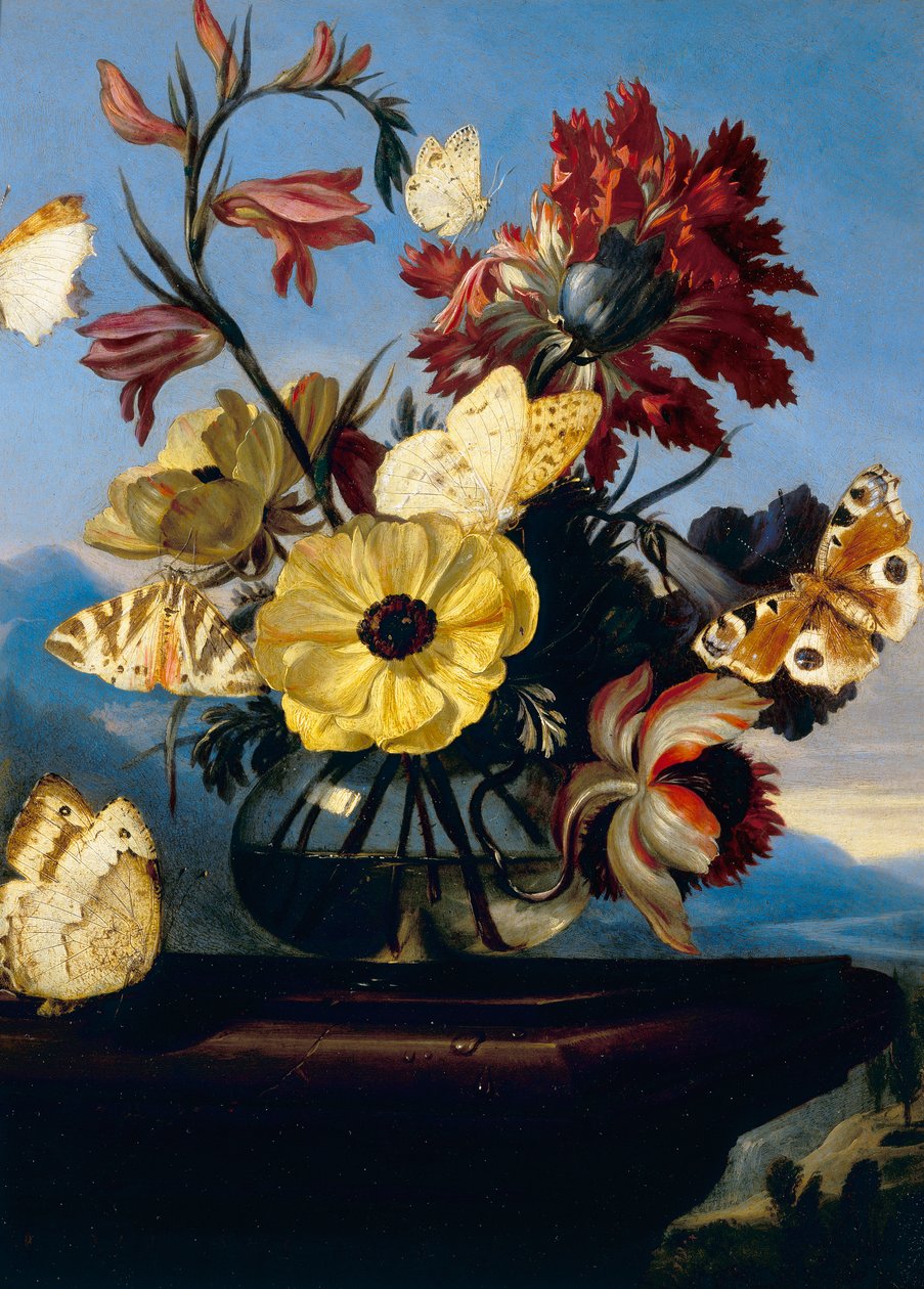 Váza s květinami s motýlem od Otto Marseus  van Schrieck