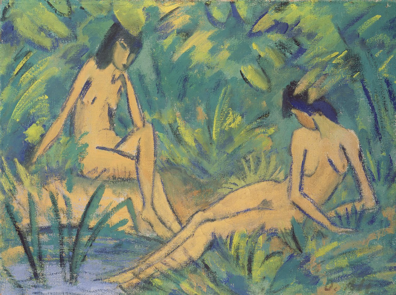 Dívky sedící u vody, cca 1920 (tempera na hesianu) od Otto Mueller