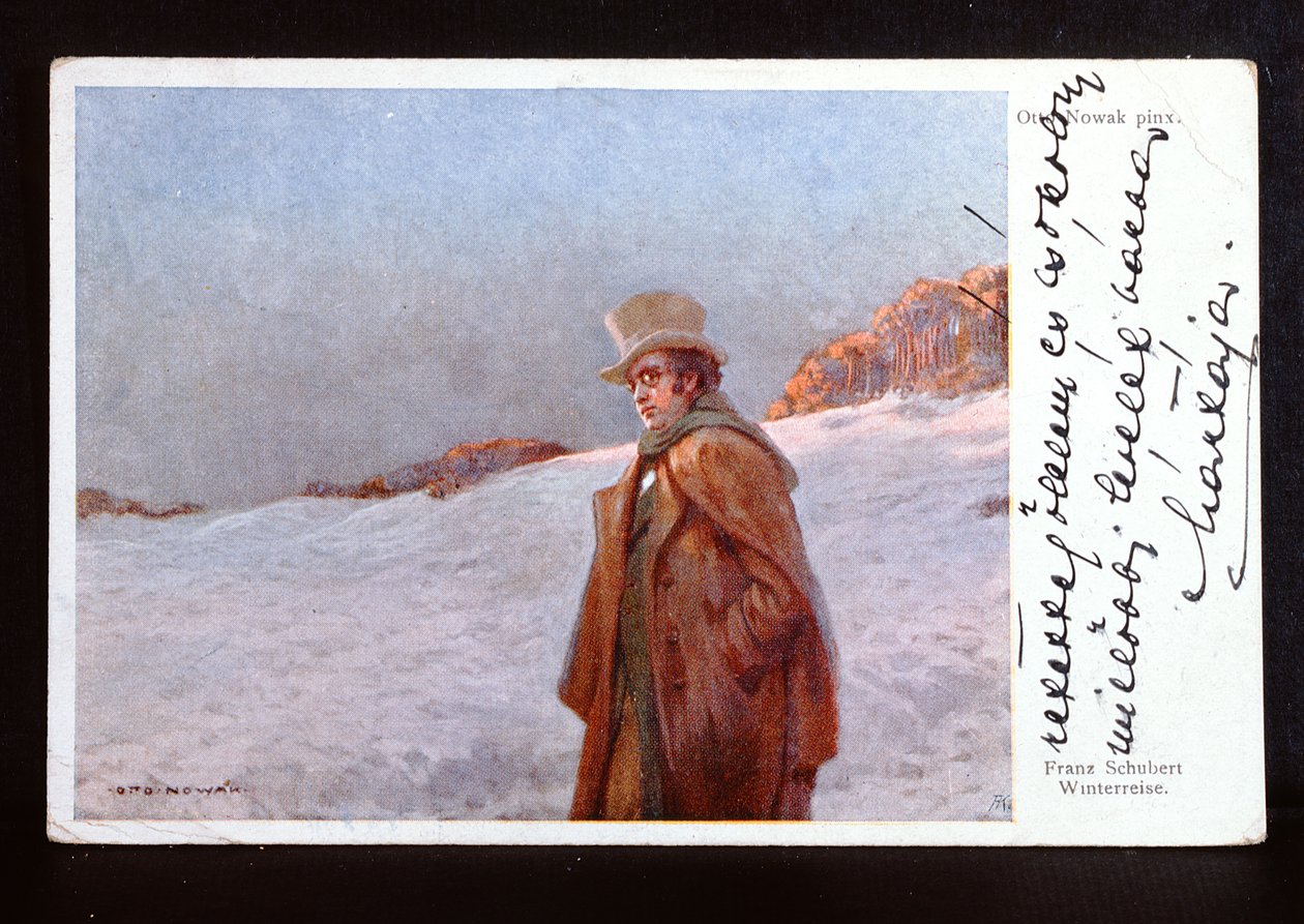 Vídeňská pohlednice s vyobrazením Franze Petera Schuberta (1797-1828) a ilustrací jeho písňového cyklu "Winterreise", cca 1910 od Otto Robert Nowak
