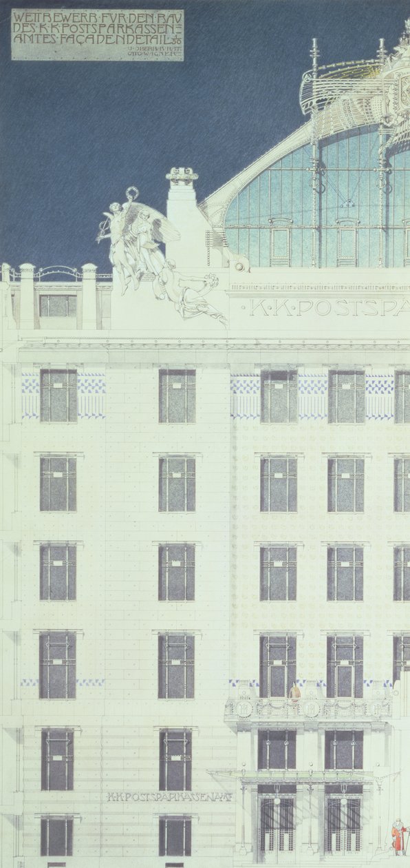 Poštovní spořitelna, Vídeň, návrh detailu fasády, asi 1904-06 (kolorovaná tužka) od Otto Wagner