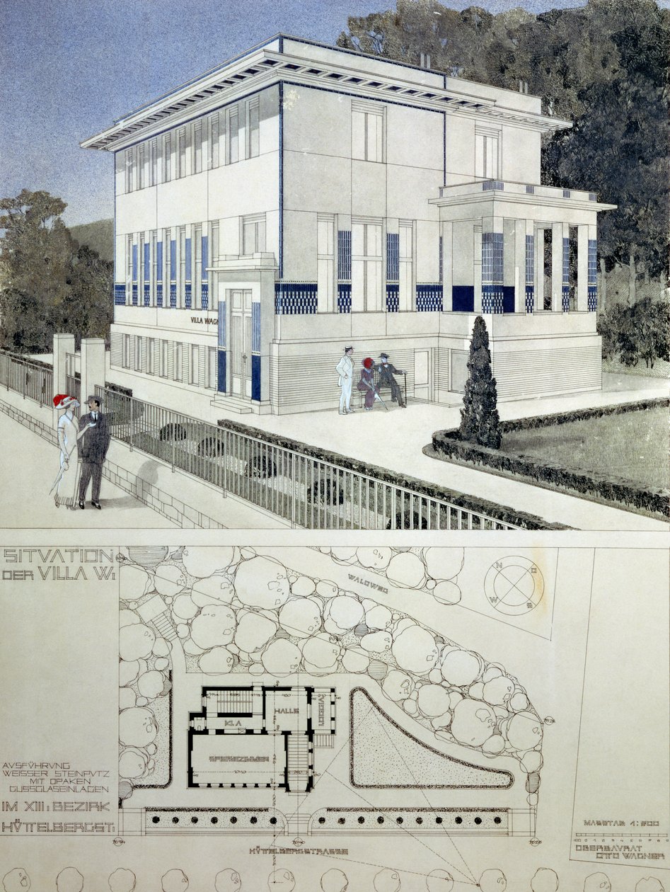 Villa Wagner, Vídeň, návrh znázorňující exteriér domu, postavený z oceli a betonu v přísném geometrickém stylu s tmavě modrými panely a ozdobou hřebíku, s půdorysem domu a gr. od Otto Wagner