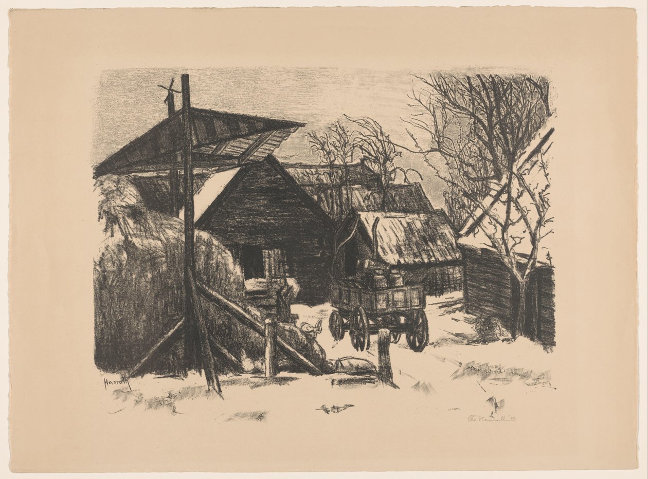 Farmářský dvůr ve sněhu od Otto Hanrath (signed by artist)