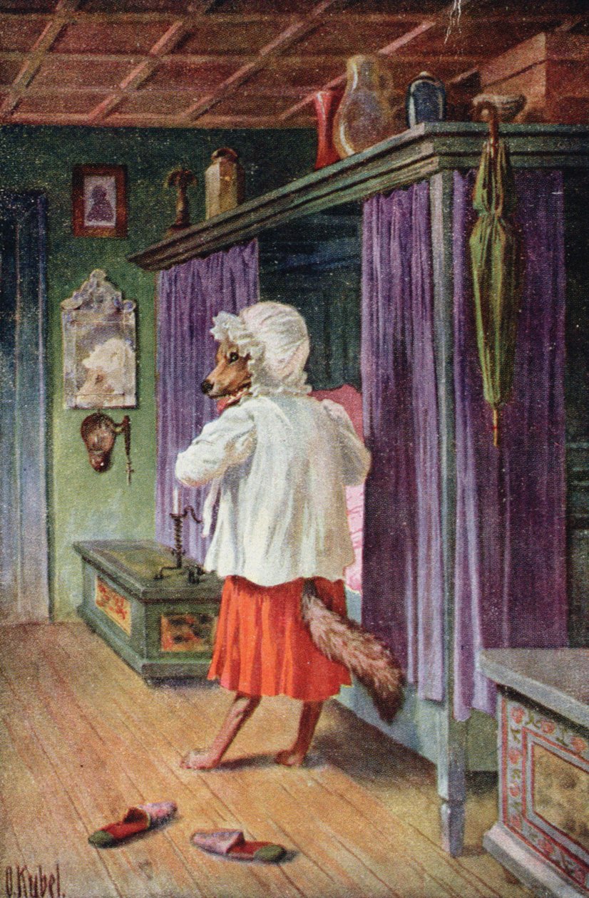 Pohlednice zobrazující vlka převlečeného za babičku Červené Karkulky (barva lito) od Otto Kubel