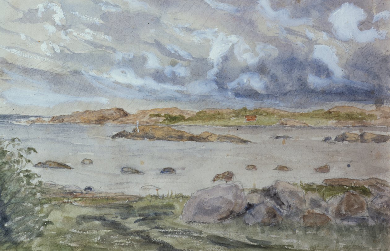Skica moře a krajiny (akvarel a tužka na papíře) od Otto Ludvig Sinding