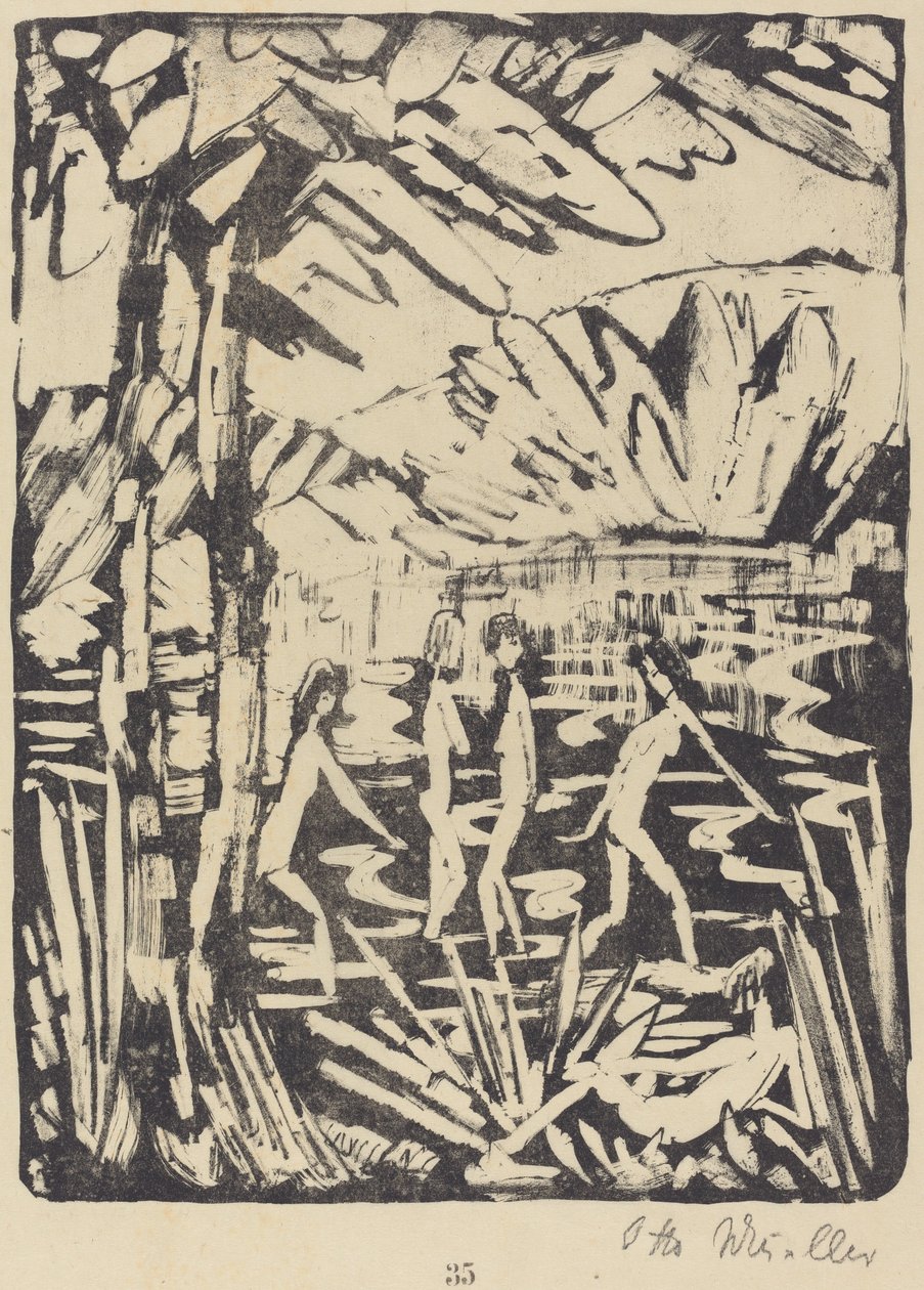 Pět dívek u lesního rybníka (Funf Madchen am Waldteich) od Otto Müller