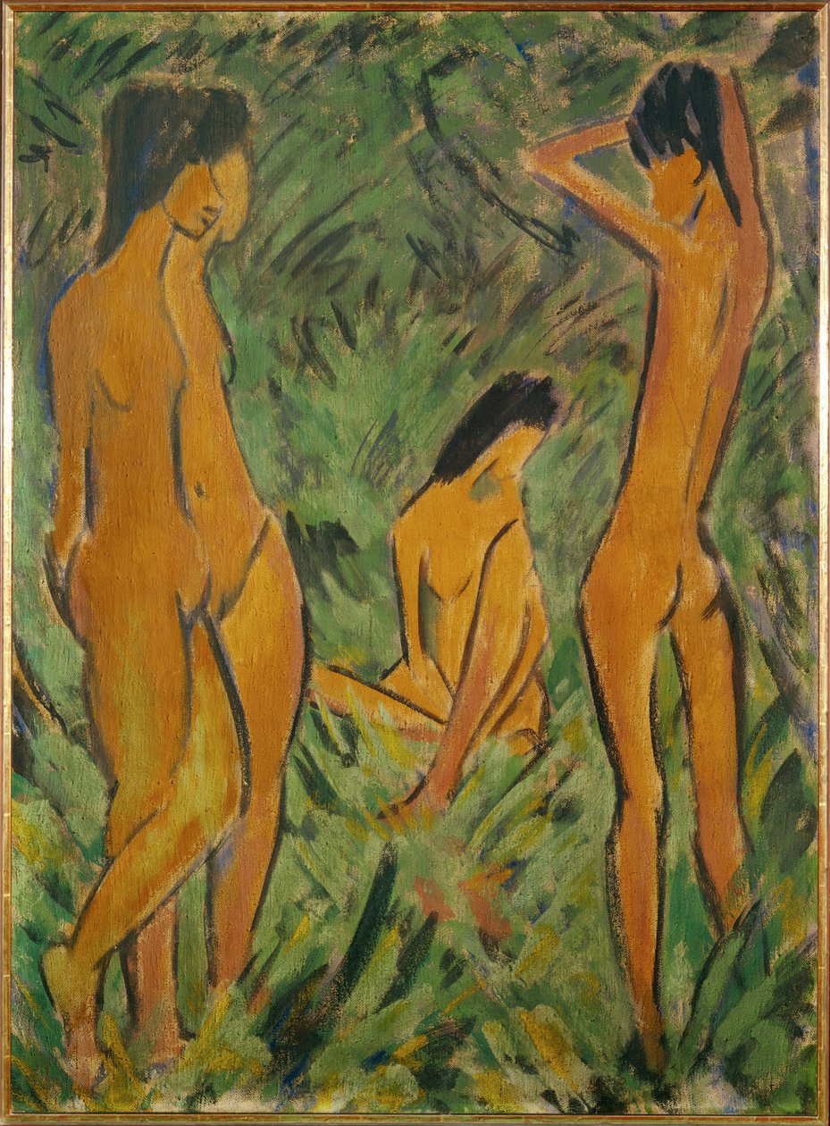 Chlapec před dvěma dívkami, jedna stojí, druhá sedí (kresba na pytlovině) od Otto Muller or Mueller