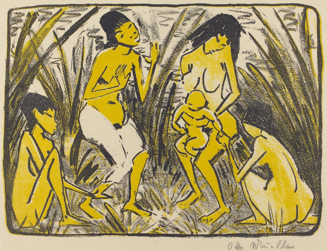Nalezení Mojžíše (Auffindung des Moses), kolem roku 1920 (litografie v černé a zlaté barvě) od Otto Mueller