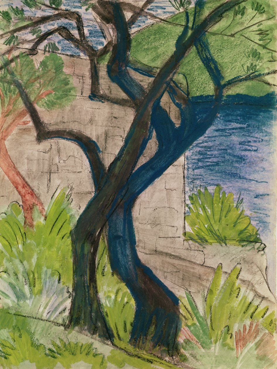 Stromy před mostem (pastel a kvaš na papíře) od Otto Mueller