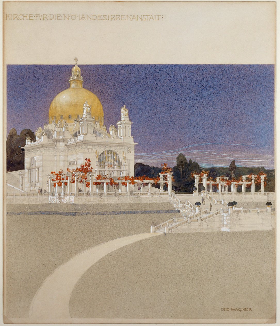 Kostel pro útulek Steinhof, vídeňskou ústřední nemocnici pro duševně choré... (pastelka, pero, tuš a wash) od Otto Wagner