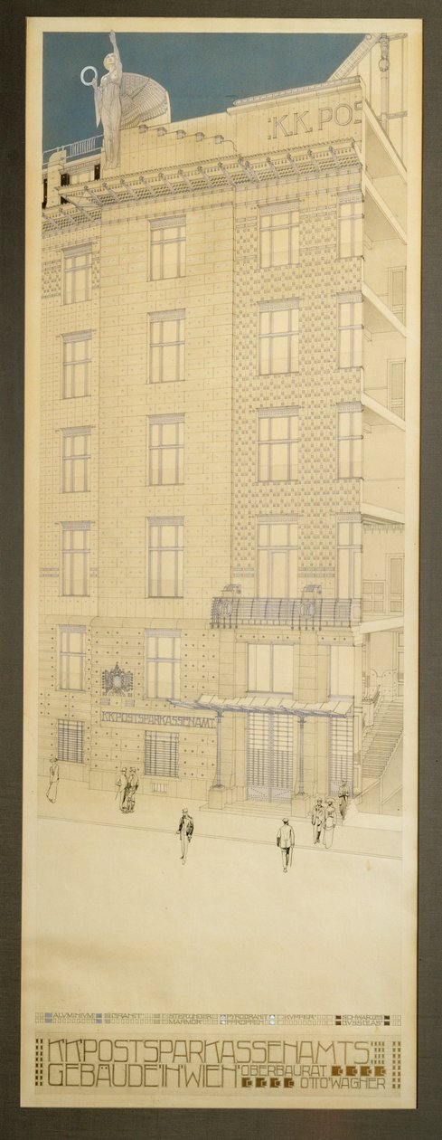 Návrh pro soutěž Poštovní spořitelny ve Vídni ... (pero a černá tuš, modrá pastelka, zlatá barva) od Otto Wagner