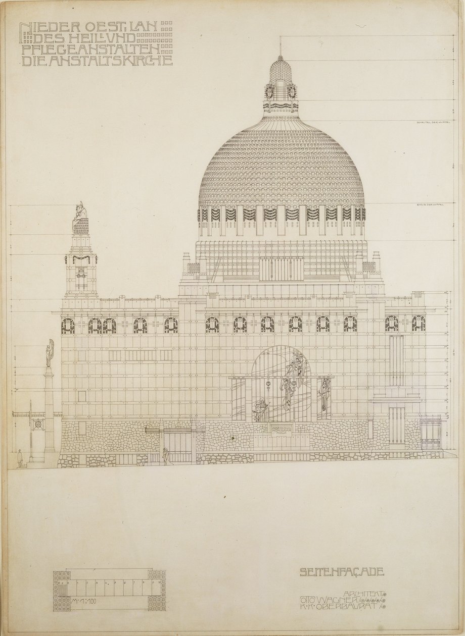 Náčrt kostela Steinhof, vídeňské ústřední nemocnice pro duševně choré ... od Otto Wagner