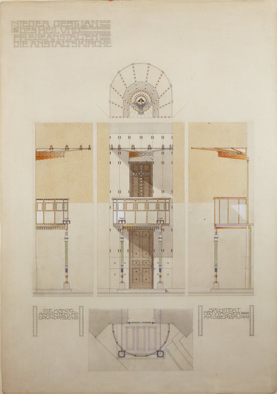 Náčrt kazatelny kostela ve Steinhofu, vídeňské ústřední léčebně pro duševně choré ... od Otto Wagner