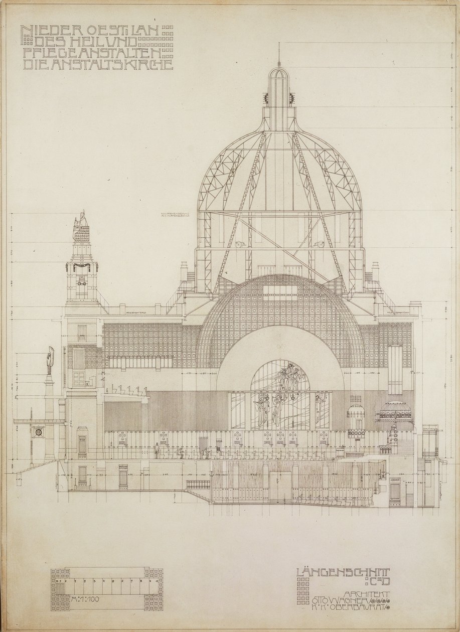 Vertikální projekce kostela Steinhof, vídeňské ústřední léčebny pro duševně choré ... od Otto Wagner