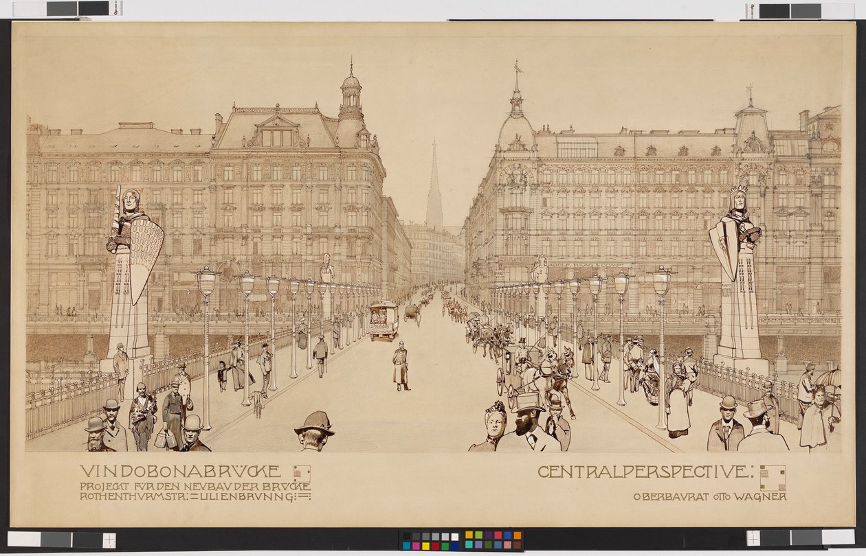 Vindobonský most / Projekt novostavby mostu Rothenthurmstraße - Lilienbrunngasse. Centrální perspektiva od Otto Wagner