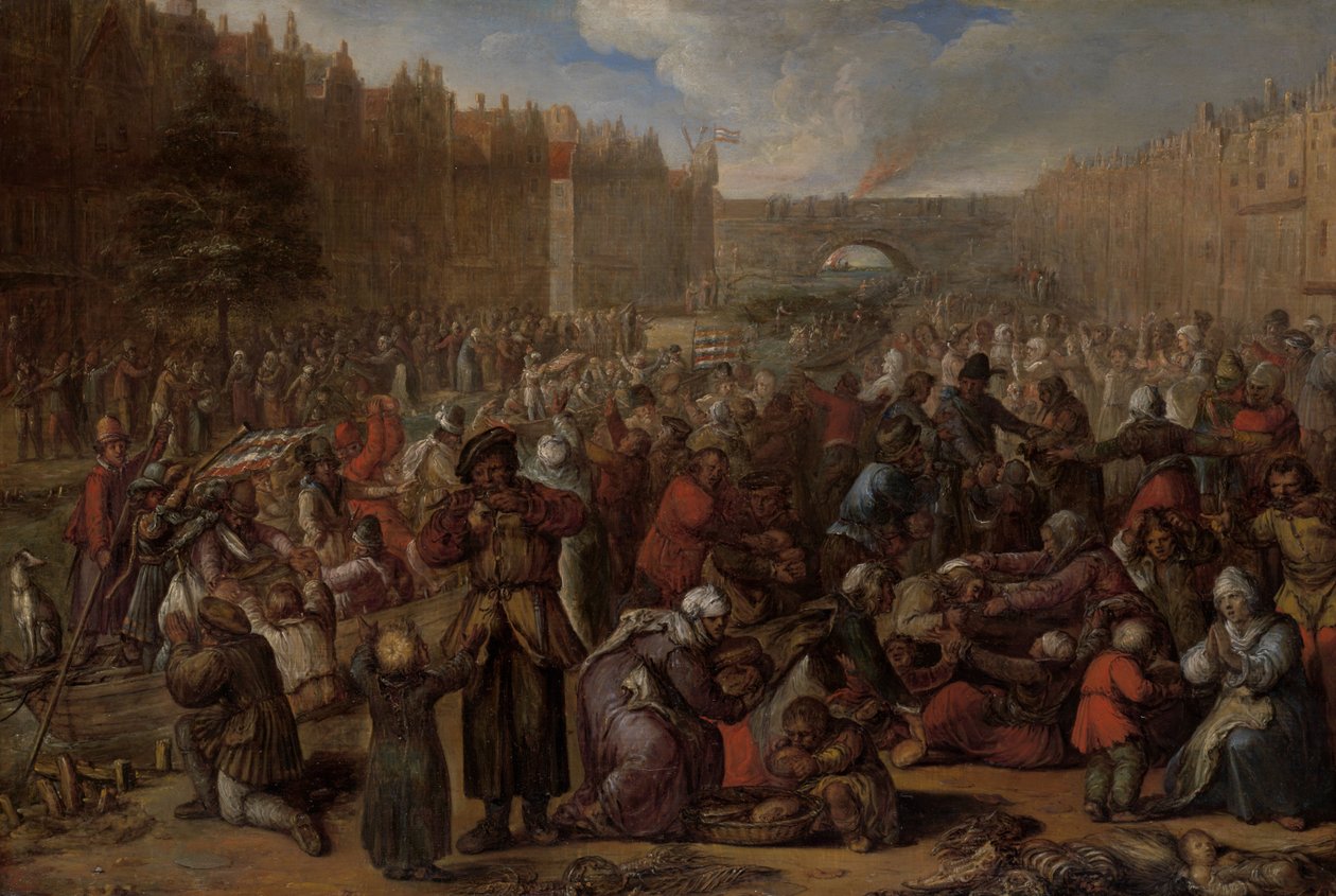 Distribuce sledě a bílého chleba v Reliéfu v Leidenu, 3. října 1574, cca 1600 (olej na desce) od Otto van Veen