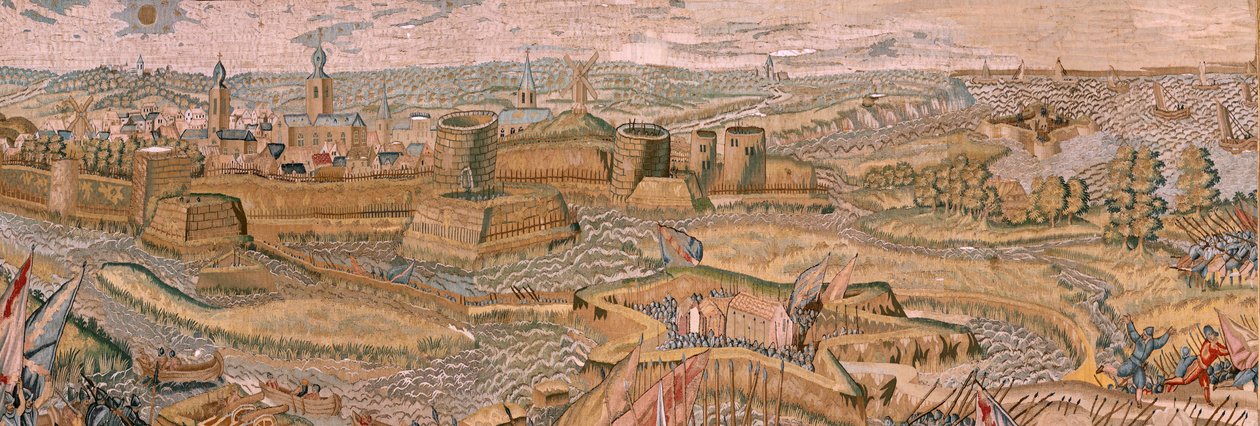 Vlámský gobelín. Seriál Triumfy a bitvy arcivévody Alberta. Útok a dobytí zakořeněného bojiště Hulst (Asalto y toma del campo atrincherado de Hulst). Šestá tapisérie v sérii. Model Otto van Veen a Hans I Snellinck. Výroba od Otto van Veen