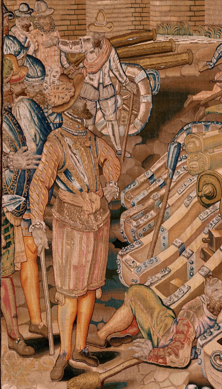 Vlámský gobelín. Seriál Triumfy a bitvy arcivévody Alberta. Útok na město Calais (Asalto de la plaza de Calais). Druhá tapisérie v sérii. Model Otto van Veen a Hans I Snellinck. Výroba Martin Reynbouts, Brusel od Otto van Veen