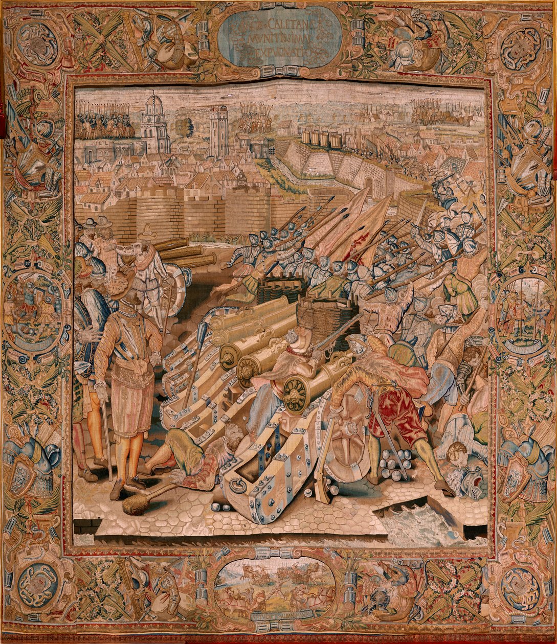 Vlámský gobelín. Seriál Triumfy a bitvy arcivévody Alberta. Útok na město Calais (Asalto de la plaza de Calais). Druhá tapisérie v sérii. Model Otto van Veen a Hans I Snellinck. Výroba Martin Reynbouts, Brusel od Otto van Veen