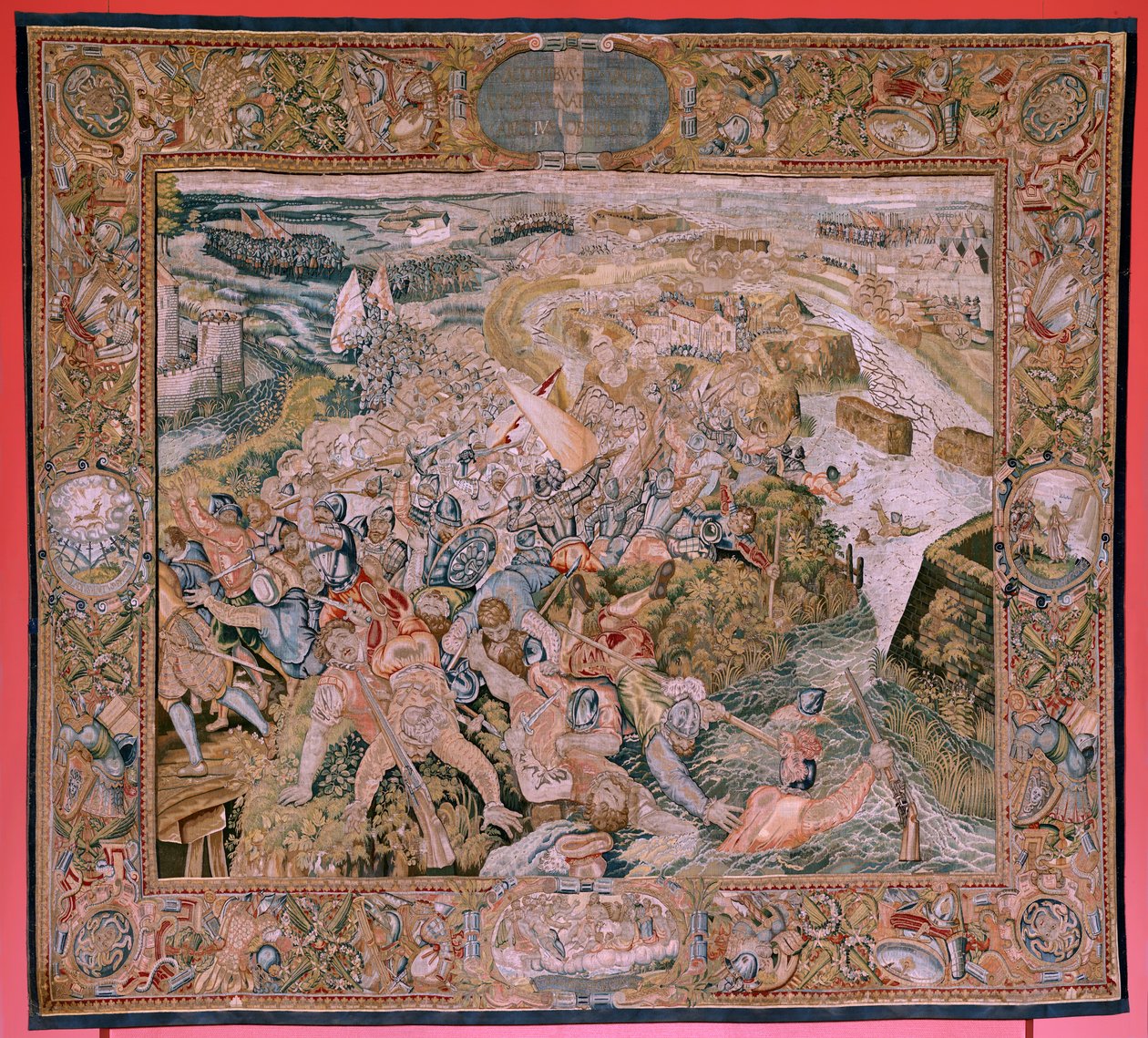 Vlámský gobelín. Seriál Triumfy a bitvy arcivévody Alberta. Bitva v zákopech Hulst (Combate en las trincheras de Hulst). Pátá tapisérie v sérii. Model Otto van Veen a Hans I Snellinck. Výrobce Martin Reynbouts, Bruselas. 1597-159 od Otto van Veen