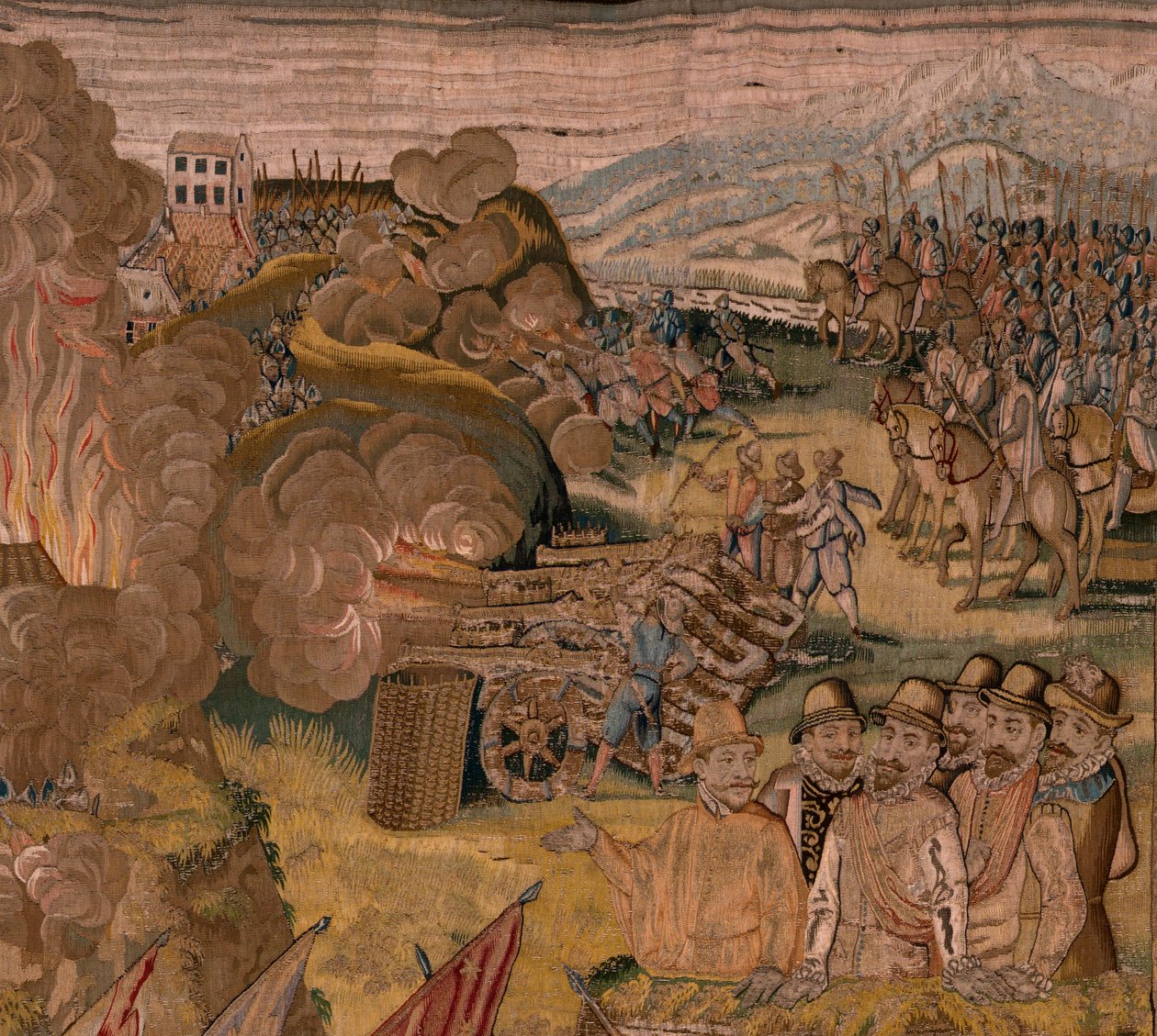 Vlámský gobelín. Seriál Triumfy a bitvy arcivévody Alberta. Noční útok na Ardres nebo obsazení nízkého města Ardres (Asalto nocturno de Ardrés o Toma de la baja villa de Ardrés). Třetí tapisérie v sérii. Model Otto van Veen a Hans I Snell od Otto van Veen