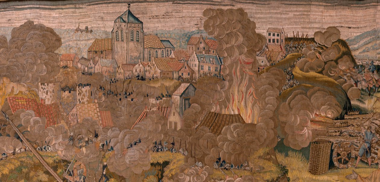Vlámský gobelín. Seriál Triumfy a bitvy arcivévody Alberta. Noční útok na Ardres nebo obsazení nízkého města Ardres (Asalto nocturno de Ardrés o Toma de la baja villa de Ardrés). Třetí tapisérie v sérii. Model Otto van Veen a Hans I Snell od Otto van Veen