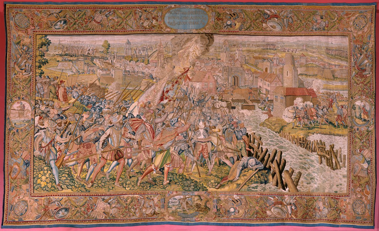 Vlámský gobelín. Seriál Triumfy a bitvy arcivévody Alberta. Překvapení v Calais (La sorpresa de Calais). První tapisérie v sérii. Model Otto van Veen a Hans I Snellinck. Výrobce Martin Reynbouts, Bruselas. 1597-1599. Tkanina Zlatá, stříbrná, si od Otto van Veen