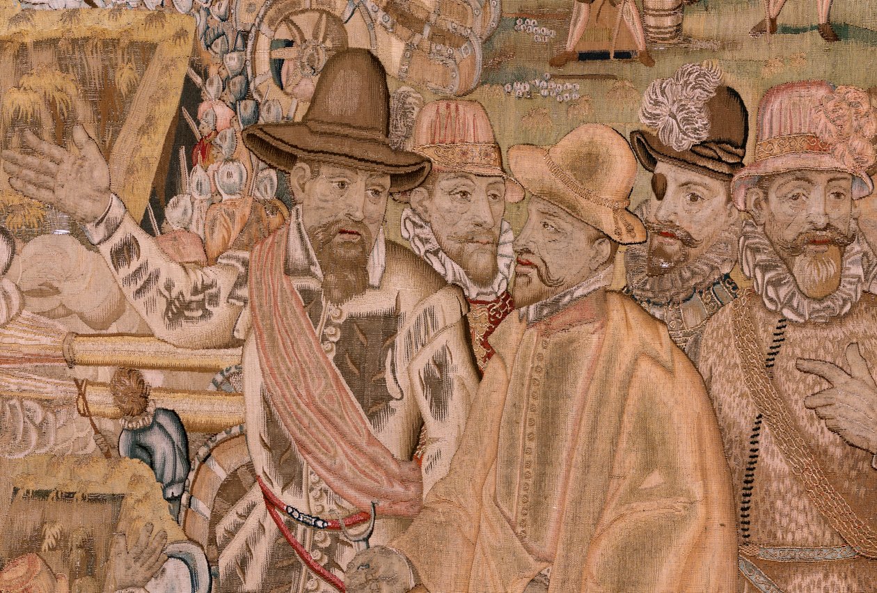 Vlámský gobelín. Seriál Triumfy a bitvy arcivévody Alberta. Dobytí města Hulst (Toma de la Plaza de Hulst). Sedmá tapisérie v sérii. Model Otto van Veen a Hans I Snellinck. Výroba Martin Reynbouts, Brusel od Otto van Veen