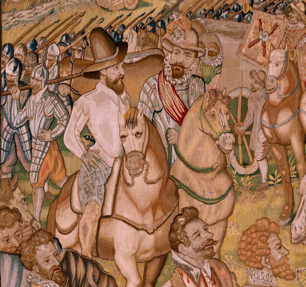 Vlámský gobelín. Série Triumfy a bitvy arcivévody Alberta; Posádka Ardres ustupuje do Francie (Retirada a Francia de la Guarnición de Ardrés). Čtvrtá tapisérie v sérii. Model Otto van Veen a Hans I Snellinck. Výrobce Martin Reynbou od Otto van Veen